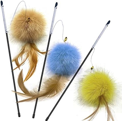 Cat Toys - Rainbow Wand, Feather Flips Plush Ball, Interactive Feather Teaser for Kitten Exercise - 3 Pack