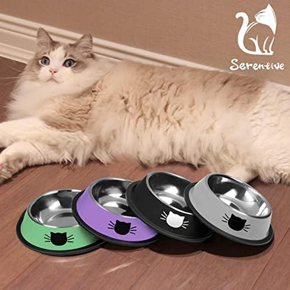 Serentive 3Pcs Cat Bowls Non-Slip Stainless Steel Small Cat Food Bowl Unbreakable Thick Rubber Base Easily Clean Lovely Color