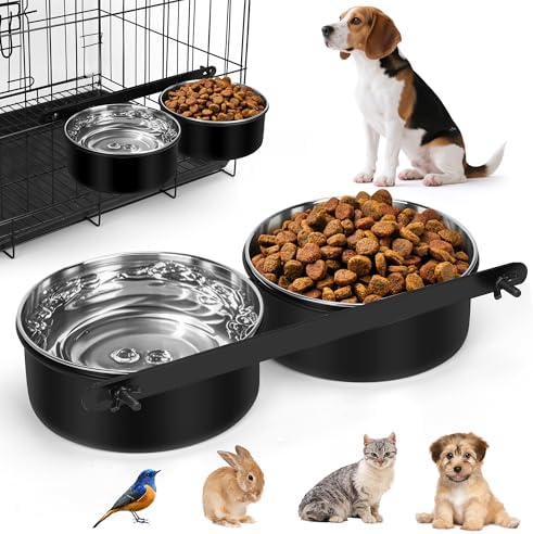 Dog Crate Water Bowls No Spill, 40oz Stainless Steel Dog Food and Water Bowl Set for Large/Medium/Small Pets, Detachable Hanging Pets Bowls for Cage, Kennel, Crate(Black)