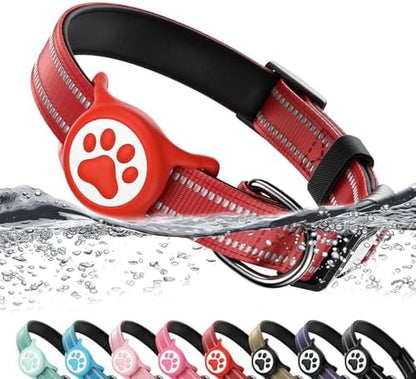 Premium Airtag Dog Collar，with IP68 Waterproof AirTag Holder,Red,M