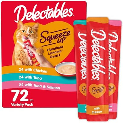 Delectables Squeeze Up Variety Pack, Creamy Squeezable Puree, Lickable Wet Cat Treats, Grain Free, No Added Fillers, No by-Products, No Added Preservatives, 0.5 Ounces Tube, 72 Tubes Total