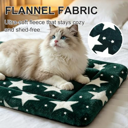 Dog Bed Mat, Reversible Crate Pad & Cute Dog Bed - Machine Washable Kennel Mat with Ultra Soft (Big&Small Stars Green, 18" L x 14" W x 1.5" Th)