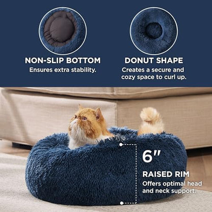 Bedsure Calming Cat Beds Donut Round Washable Kitten Bed,20 inches Navy
