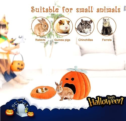 YUEPET Rabbit Cave Bed, Warm Bunny Hideout, Guinea Pig Bed, Pumpkin, Size M
