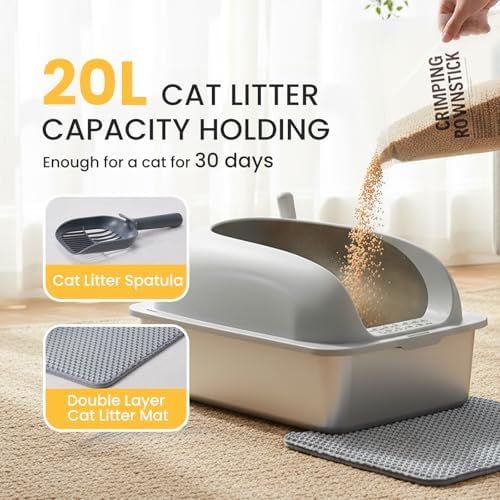 HealSmart Stainless Steel XL Cat Litter Box, Extra Large Cat Litter Box with Lid, High Sided Metal Litter Tray for Big Cats, Anti-Urine Leakage Non-Stick Easy Clean, Light Gray