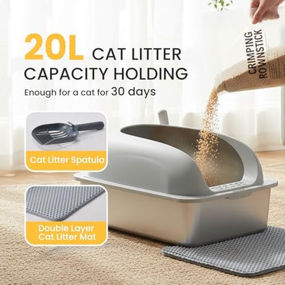 HealSmart Stainless Steel XL Cat Litter Box, Extra Large Cat Litter Box with Lid, High Sided Metal Litter Tray for Big Cats, Anti-Urine Leakage Non-Stick Easy Clean, Light Gray