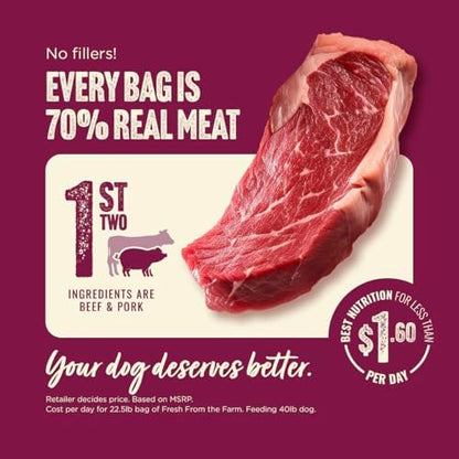 Natural Farm High Protein Dry Dog Food for All Life Stages with Collagen, Every Bag Contains 70% Beef & Pork and 30% Ancient Super Food Grains, Complete and Balanced Nutrition, 22.5 Lbs. Bag