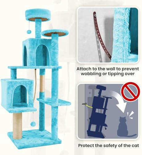 58.5inch Large Cat Tree Tower Condo for Indoor Cats, Soft Plush Multi-Level Climbing Tree Cat House, Scratching Post, More Entrance/Exit, Sisal Rope, Peacock Blue