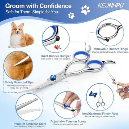 Professional Dog Grooming Kit 6.8 Inches, Curved Dog Grooming Scissors with Safety Round Tips, Dog Scissors for Grooming for Face, Paws & Ears at Home - Right & Left Handed