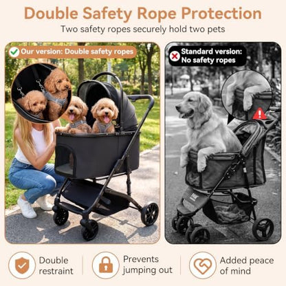 Heavy Duty Pet Stroller, 3-in-1 Dog & Cat Stroller with Detachable Carrier & Car Seat, 132 lbs Capacity for 1 Large/2 Medium Pets, Aluminum Alloy Frame, Shock Absorption, One-Touch Dual Brake, Black