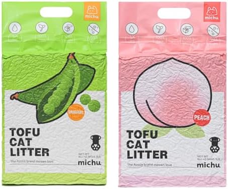 Michu Tofu Cat Litter Natural Clumping Tofu Cat Litter, Fast Clumping and Easily Scoop-able 5.5lb/88oz 5 Scents - Original + Peach, 2 Pack