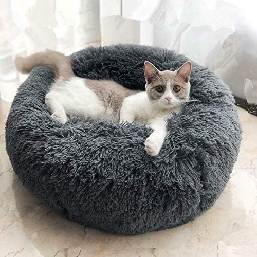 otoez Round Donut Dog Bed for Small Dogs, Washable Cat Calming Bed Cuddler Anti Anxiety Fluffy Plush Dog Cat Bed with Non-Slip Waterproof Bottom (23.6", Dark Grey)