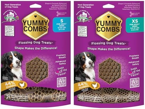 Yummy Combs Dog Dental Treats – Vet VOHC Approved – Delicious Chicken Protein – Removes Tartar with Cleaning Comb Shape – Extra Small 12oz and Small 12oz