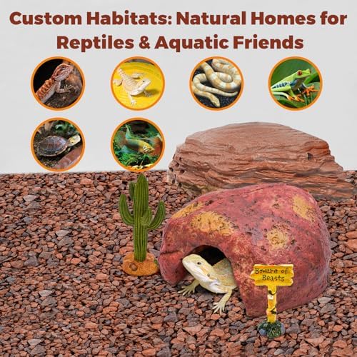 3-in-1 Desert Theme Reptile Rock Cave Hide for Leopard Gecko & Snake - Naturalistic Tank Habitat Decor Set with Cactus Model, Interactive Warning Sign & Moist Hideout (Small Size)