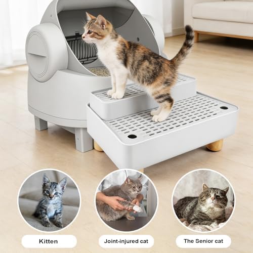 Adjustable Litter Box Step, Cat Litter Box Ramp/Catcher with Wooden Feet