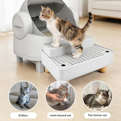 Adjustable Litter Box Step, Cat Litter Box Ramp/Catcher with Wooden Feet
