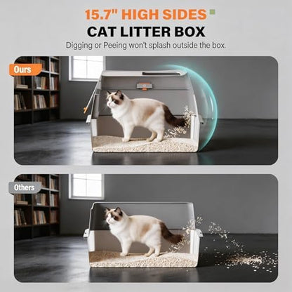 Stainless Steel Litter Box with Lid, Extra Large Enclosed Cat Litter Pan for Big Cats, High Sided Metal Litter Box with Enclosure, Front & Top Entry, Easy Clean, Anti-Leakage, Includes Scoop，Grey