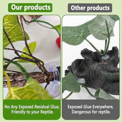 BNOSDM 2PCS Reptile Climbing Branch, Bendable Jungle Vine with Leaves Terrarium Plant Decoration with Suction Cup Chameleon Cage Accessories for Gecko Lizard Bearded Dragons Snake (Cherry)