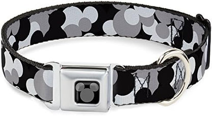 Dog Collar Seatbelt Buckle Mickey Mouse Head Stacked Black Grays 16 to 23 Inches 1.5 Inch Wide, DC-WDY349-WM