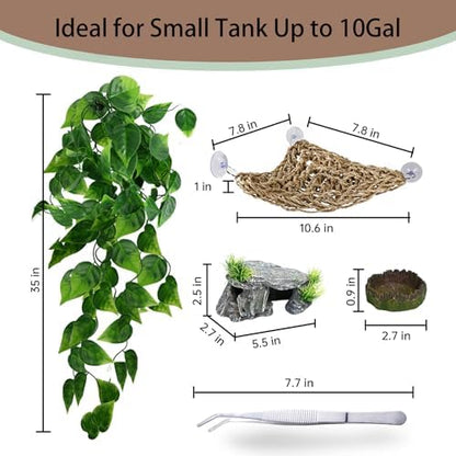 5-in-1 Leopard Gecko Tank Starter Kit, Hide Cave, Seagrass Hammock, Climbing Vine, Tweezers & Dish - 10-20 Gal | Fits Leopard/Crested Geckos, Harmit Crabs, Juvenile Tortoises (Tank Not Included)