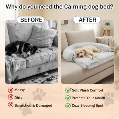 Calming Dog Bed for Couch, Thickened Plush Dog Mat with Raised Bolster
