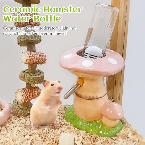 BNOSDM Hamster Water Bottle No Drip Ceramic Hamster Water Bottle for Glass Tank - 80ML Water Dispenser with Mushroom Stand Holder for Syrian Hamsters, Dwarf Hamsters, Mice, Gerbils (Pink)