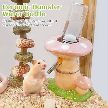 BNOSDM Hamster Water Bottle No Drip Ceramic Hamster Water Bottle for Glass Tank - 80ML Water Dispenser with Mushroom Stand Holder for Syrian Hamsters, Dwarf Hamsters, Mice, Gerbils (Pink)