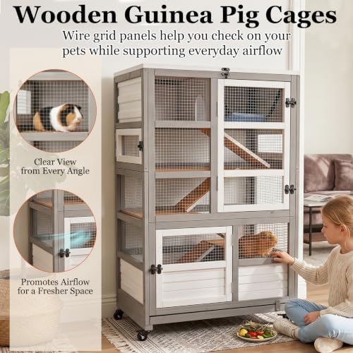 PetsCosset Guinea Pig Cages Hamster Cage Indoor 5-Level Small Animals Wooden Habitat with 8 Doors, Ramp Divider,Hideout House, Pull Out Tray
