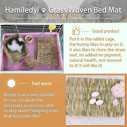 Hamiledyi 10Pcs Rabbit Grass Mat Natural Woven Bunny Straw Bed Chew Toys