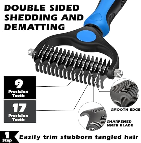 Professional 3PCS Self Cleaning Slicker Brush & Pet Grooming Rake & Flea Comb for Dogs,Cats and Horses | Double-Sided Dematting Comb & Skin Friendly Deshedding Grooming Tool | Pet Supplies (Blue)