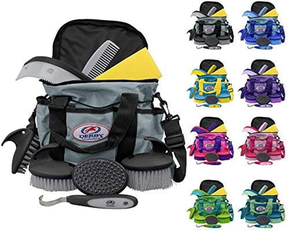 Derby Originals 9Piece Horse Grooming Set with Matching Nylon Carry Bag - Available in 8 Fun Colors, Grey & Black