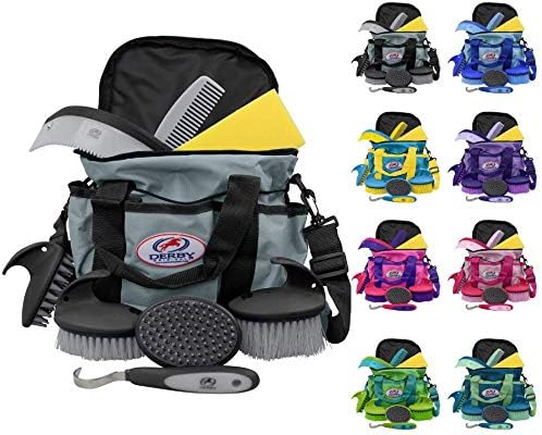 Derby Originals 9Piece Horse Grooming Set with Matching Nylon Carry Bag - Available in 8 Fun Colors, Grey & Black