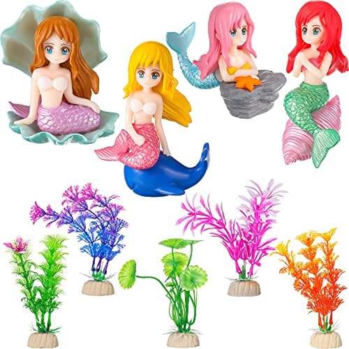 Jetec 9 Pieces Fish Tank Cute Mermaid Ornament and Simulated Seaweed for DIY Craft Aquarium Desk Theme Thematic Decoration Pet Accessories