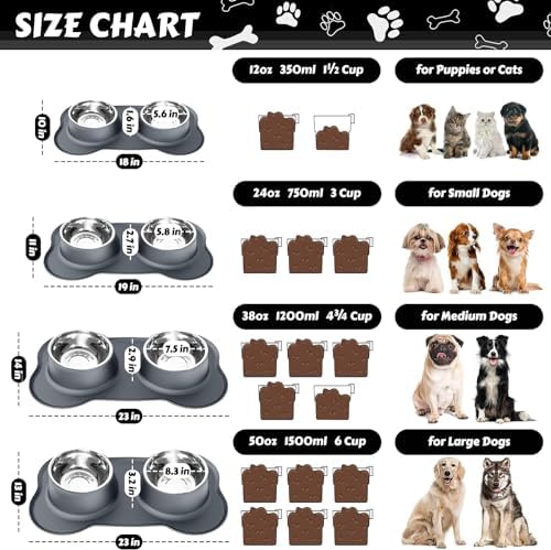 AsFrost Dog Food Bowls Stainless Steel Dog Food & Water Bowl Set with No Spill Non-Skid Silicone Mat, Dog Dishes Pet Feeding Bowls for Small Medium Large Sized Dogs Cat Puppy Food Bowl, Grey, 4 Cup