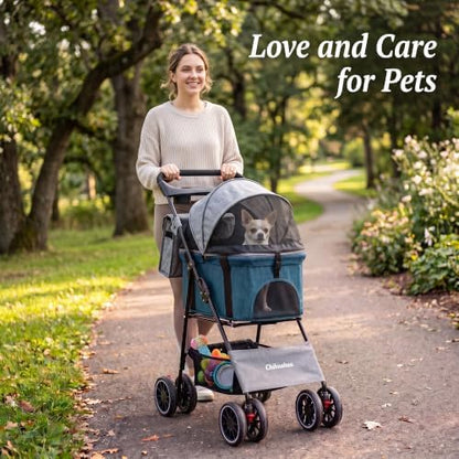 2-in-1 Foldable Pet Stroller 4-Wheel for Small Dogs & Cats,Black+Green