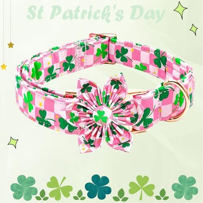 Trefoil Plaid Dog Collar with Flower for Medium Female Dogs