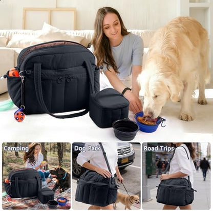 Dog Travel Bag for Supplies, Airline Approved Pet Travel Organizer with 2 Food Containers & Collapsible Bowls, Large Capacity Dogs Tote Bag for Weekend, Stylish Dog Mom Gift for Pet Lovers