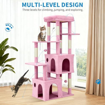 Garvee 61" Multi-Level Cat Tree for Indoor Cats, Heavy-Duty Tower for Large Adult & Maine Coon Cats with Extra-Large Perch, 2 Spacious Condos, Natural Sisal Scratch Posts & Play Toys – Pink
