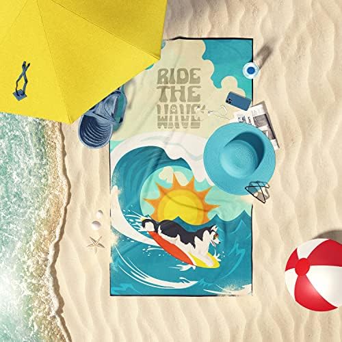 Caroline's Treasures MLM1273TWL3060 Surfer Dog Black White Siberian Husky Premium Beach Towel Oversized Towel Beach Blanket, Pool, Beach Essentials, Yoga, Premium Bath Towel, Quick Dry Plush