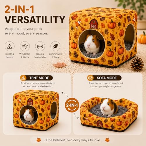 Guinea Pig Hideout House with Removable Cushion, Washable Small Animal Cube Bed, Cozy Bunny Hideaway for Guinea Pigs, Chinchillas, Hedgehogs, Hamsters & Dwarf Rabbits