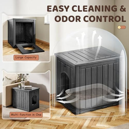 Cat Litter Box Enclosure, Resin Hidden Litter Box Furniture Side Table with Openable Front Door, Weatherproof Indoor & Outdoor Cat Litter Box Cabinet, Raised Floor, Easy to Clean & Assemble, Black