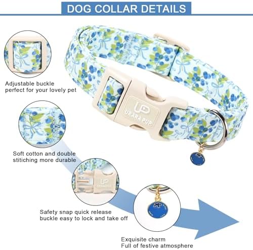 Blueberry Dog Collar and Bowtie Pattern, Cute Adjustable Puppy Collar with Quick Release Buckle and Lovely Blueberry Charm,for Small Medium Large Dogs
