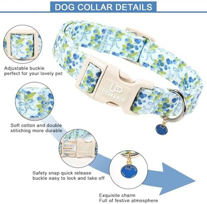 Blueberry Dog Collar and Bowtie Pattern, Cute Adjustable Puppy Collar with Quick Release Buckle and Lovely Blueberry Charm,for Small Medium Large Dogs