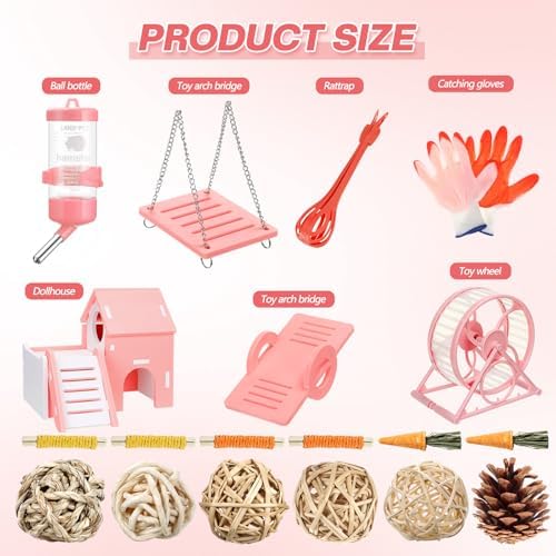 Teenyyou 24 Pcs Small Guinea Pig Starter Kit Essentials for Hamster Cage Accessories Toys House Bed Cage Cleaner Food Bowl Water Holder Carrier Bag Teething Toys Liner Tunnel for Beginner(Pink)