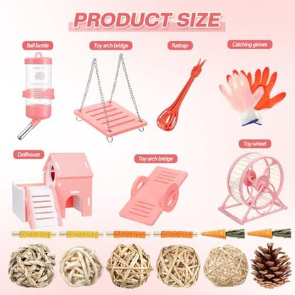 Teenyyou 24 Pcs Small Guinea Pig Starter Kit Essentials for Hamster Cage Accessories Toys House Bed Cage Cleaner Food Bowl Water Holder Carrier Bag Teething Toys Liner Tunnel for Beginner(Pink)