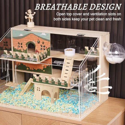 12 in 1 Large Wooden Hamster Cage with All Accessories, 24"*15.8"*15.8" 3-Layer Dwarf Hamster Cage Acrylic,Pastoral Style Mouse Cage for Pet Mice, Hedgehog, with Stairs, Fences and House