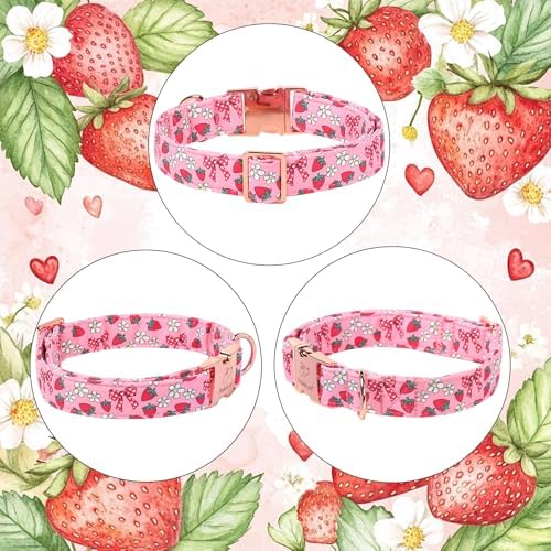 Strawberry Bow Dog Collar, Spring/Summer Pink Girl Dog Collars, Adjustable Heavy Duty Girly Female Dogs Collars for Small Medium Large Dogs with Metal Buckle M