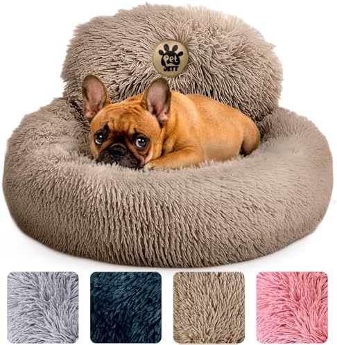 PetJett Calming Dog Beds for Small Dogs – 23" Donut Dog Beds, Anti-Slip & Washable Puppy Bed - Fluffy Plush Faux Fur Pet Bed, Anti-Anxiety Premium Comfort Round Pillow, Fits Dogs up to 25 lbs – Beige