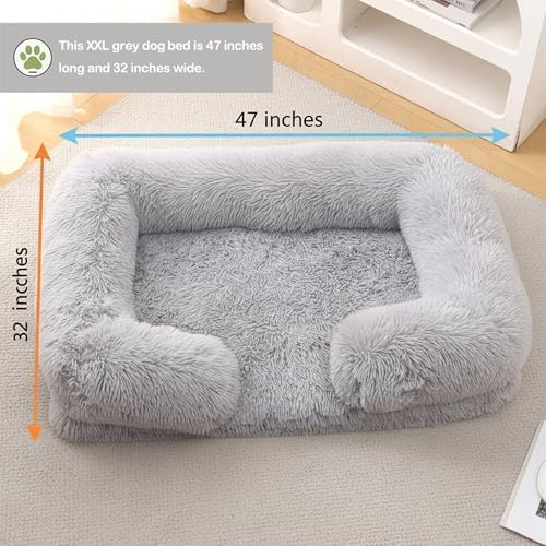 Orthopedic Dog Bed for XXL Dogs - Washable Memory Foam Pet Sofa, Fluffy Plush Rectangular Bed, Waterproof Anti-Anxiety Couch, Light Gray, XXL