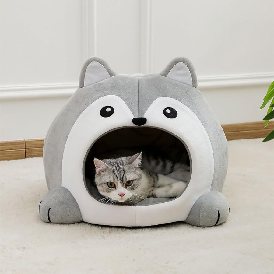 Pawversa Cute Cat Bed for Indoor Cats, Soft Cozy Cat Cave Bed, Dog House Cats Tent Breathable & Washable, Soft Warm Pet House Cat Bed, Pet Nest for Small Medium Large Cats and Dogs, Grey (Medium)